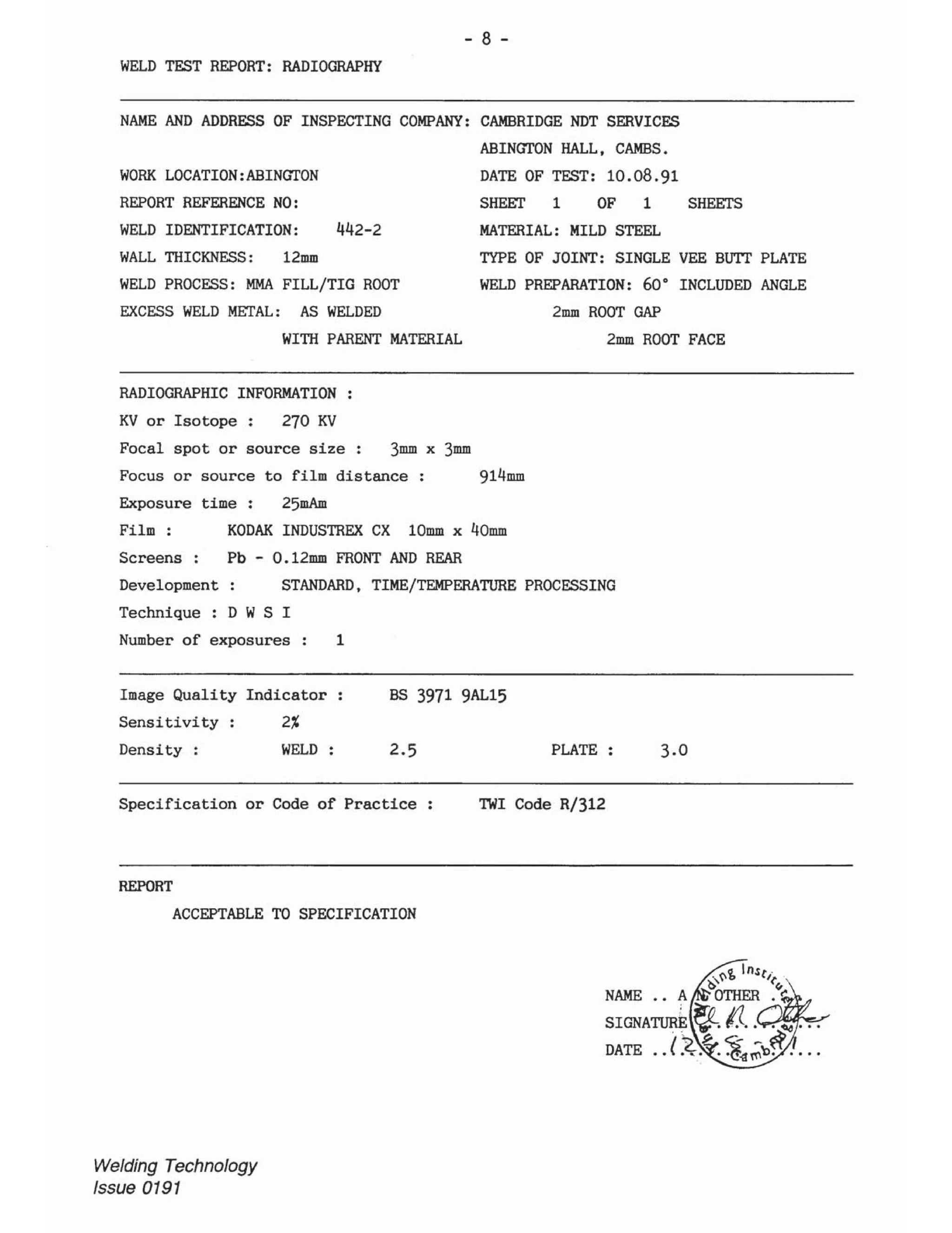 Ndt report sample and answer cswip 3.2