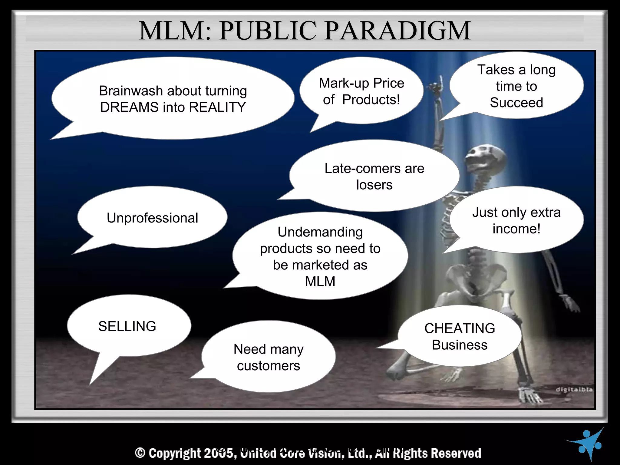 MLM: PUBLIC PARADIGM
                                                           Takes a long
                                     Mark-up Price            time to
  Brainwash about turning
                                     of Products!            Succeed
  DREAMS into REALITY



                                      Late-comers are
                                           losers

   Unprofessional                                          Just only extra
                               Undemanding                    income!
                            products so need to
                              be marketed as
                                   MLM


  SELLING                                            CHEATING
                      Need many                       Business
                      customers




© Copyright Reserved, United Core Vision Ltd., All Rights Reserved
                  © 2005, United Core Vision
 