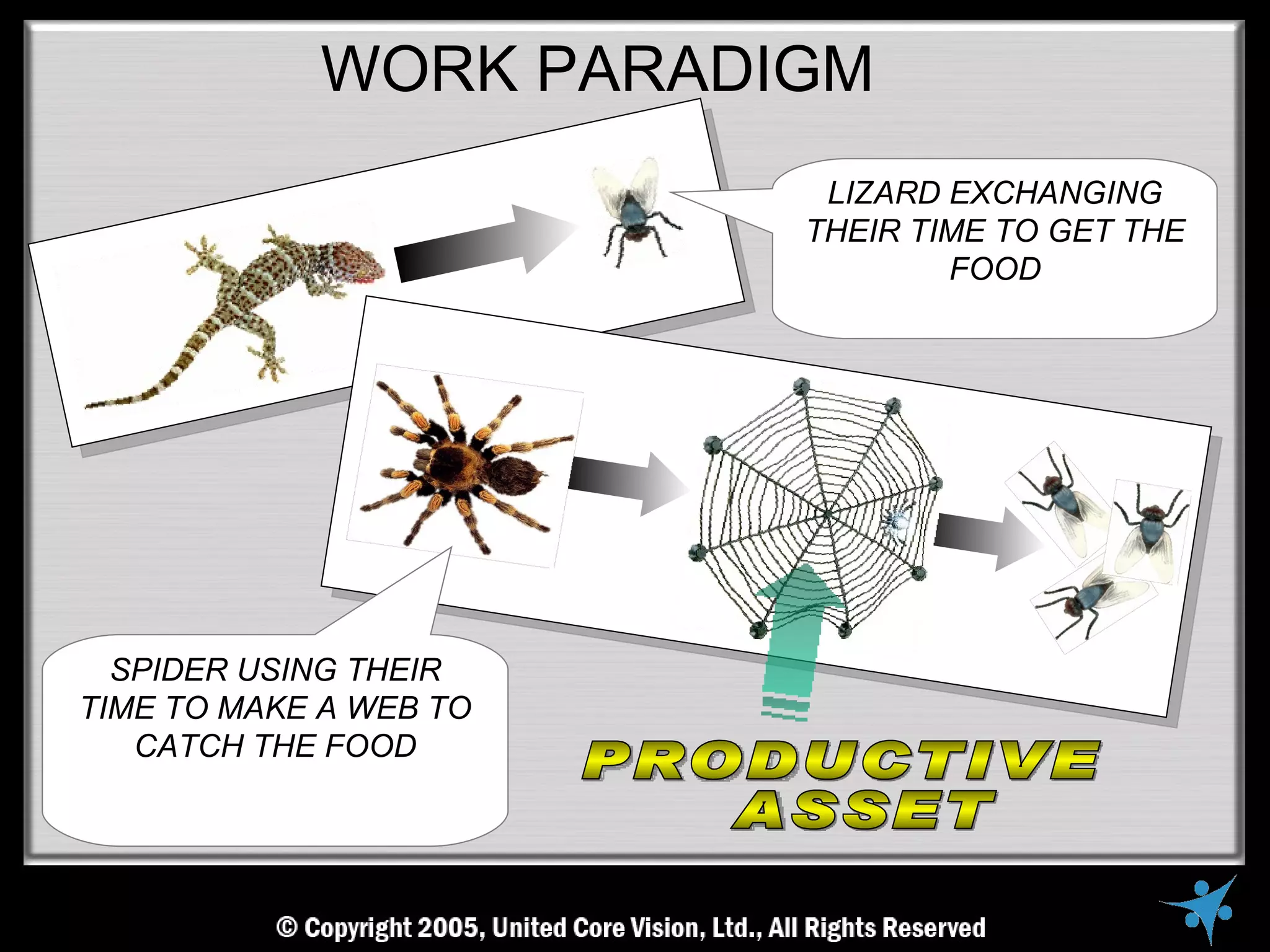 WORK PARADIGM
                         LIZARD EXCHANGING
                        THEIR TIME TO GET THE
                                FOOD




  SPIDER USING THEIR
TIME TO MAKE A WEB TO
   CATCH THE FOOD
 