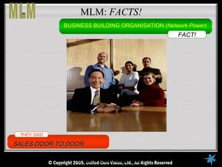MLM: FACTS!
                 BUSINESS BUILDING ORGANISATION (Network Power)
                                                              FACT!




 THEY SAID

SALES DOOR TO DOOR

     © Copyright Reserved, United Core Vision Ltd., All Rights Reserved
                      © 2005, United Core Vision
 