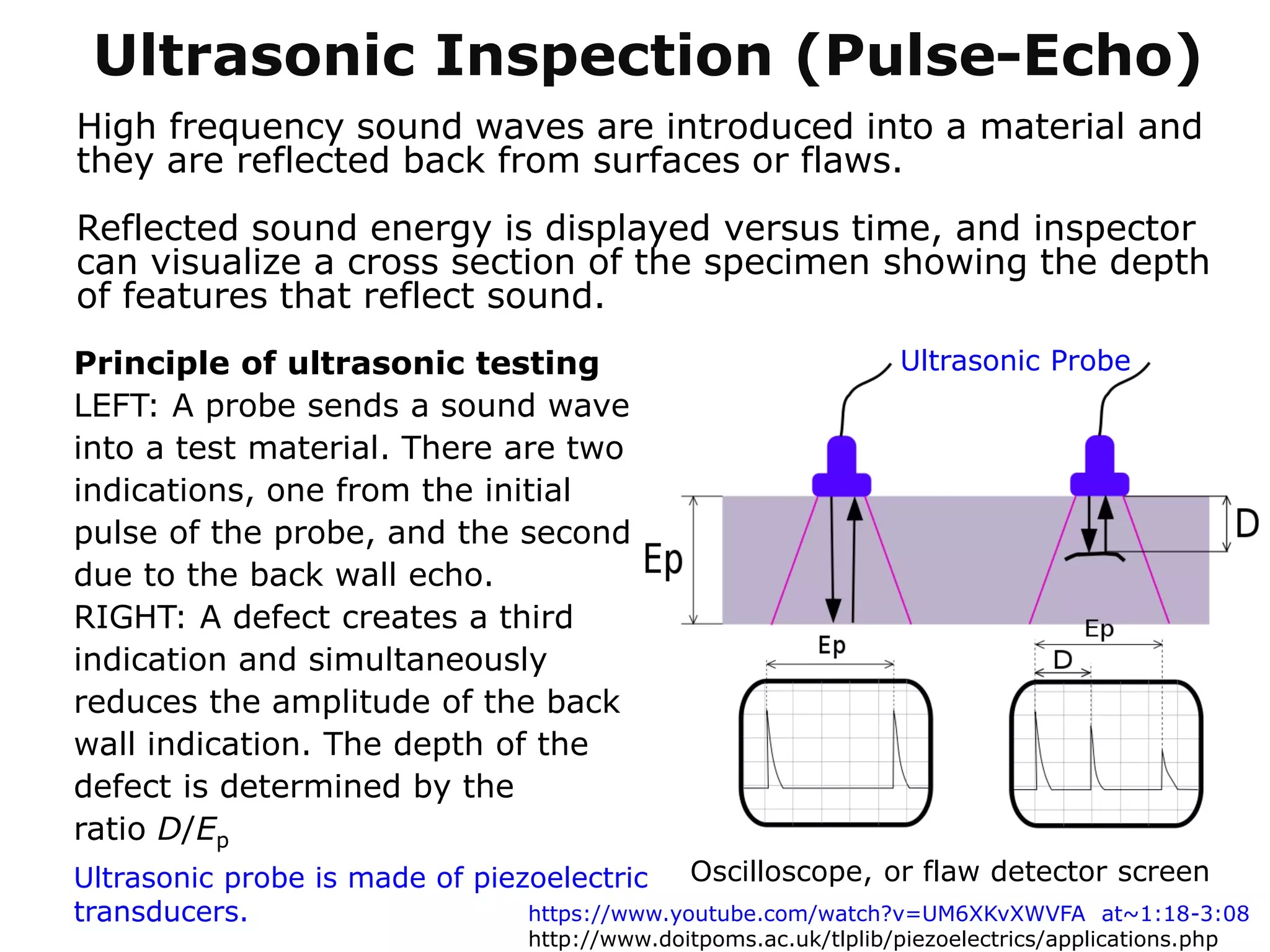 High frequency sound waves are introduced into a material and
they are reflected back from surfaces or flaws.
Reflected sound energy is displayed versus time, and inspector
can visualize a cross section of the specimen showing the depth
of features that reflect sound.
f
Oscilloscope, or flaw detector screen
Ultrasonic Inspection (Pulse-Echo)
https://www.youtube.com/watch?v=UM6XKvXWVFA at~1:18-3:08
http://www.doitpoms.ac.uk/tlplib/piezoelectrics/applications.php
Principle of ultrasonic testing
LEFT: A probe sends a sound wave
into a test material. There are two
indications, one from the initial
pulse of the probe, and the second
due to the back wall echo.
RIGHT: A defect creates a third
indication and simultaneously
reduces the amplitude of the back
wall indication. The depth of the
defect is determined by the
ratio D/Ep
Ultrasonic Probe
Ultrasonic probe is made of piezoelectric
transducers.
 