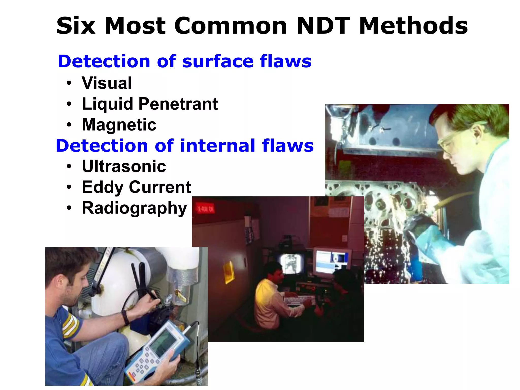 Six Most Common NDT Methods
• Visual
• Liquid Penetrant
• Magnetic
• Ultrasonic
• Eddy Current
• Radiography
Detection of surface flaws
Detection of internal flaws
 
