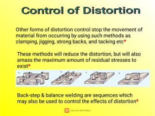 Other forms of distortion control stop the movement of
material from occurring by using such methods as
clamping, jigging, strong backs, and tacking etc*
Back-step & balance welding are sequences which
may also be used to control the effects of distortion*
These methods will reduce the distortion, but will also
amass the maximum amount of residual stresses to
exist*
Control of Distortion
Control of Distortion
Control of Distortion
Control of Distortion
 