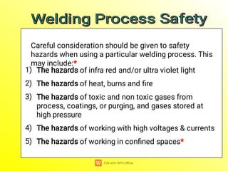 1)
2)
3)
4)
5)
The hazards of infra red and/or ultra violet light
The hazards of heat, burns and ﬁre
The hazards of toxic and non toxic gases from
process, coatings, or purging, and gases stored at
high pressure
The hazards of working with high voltages & currents
The hazards of working in conﬁned spaces*
Careful consideration should be given to safety
hazards when using a particular welding process. This
may include:*
Welding Process Safety
Welding Process Safety
Welding Process Safety
Welding Process Safety
 