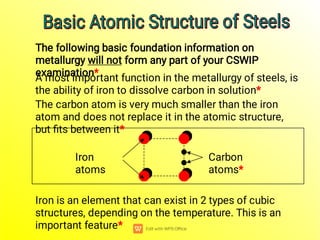 Iron is an element that can exist in 2 types of cubic
structures, depending on the temperature. This is an
important feature*
A most important function in the metallurgy of steels, is
the ability of iron to dissolve carbon in solution*
The carbon atom is very much smaller than the iron
atom and does not replace it in the atomic structure,
but ﬁts between it*
Iron
atoms
Carbon
atoms*
Basic Atomic Structure of Steels
Basic Atomic Structure of Steels
Basic Atomic Structure of Steels
Basic Atomic Structure of Steels
The following basic foundation information on
metallurgy will not form any part of your CSWIP
examination*
 