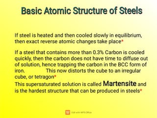 If steel is heated and then cooled slowly in equilibrium,
then exact reverse atomic changes take place*
If a steel that contains more than 0.3% Carbon is cooled
quickly, then the carbon does not have time to diffuse out
of solution, hence trapping the carbon in the BCC form of
iron. This now distorts the cube to an irregular
cube, or tetragon*
This supersaturated solution is called Martensite and
is the hardest structure that can be produced in steels*
Basic Atomic Structure of Steels
Basic Atomic Structure of Steels
Basic Atomic Structure of Steels
Basic Atomic Structure of Steels
 