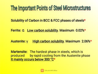 Ferrite:  Low carbon solubility. Maximum 0.02%*
Austenite:  High carbon solubility. Maximum 2.06%*
Solubility of Carbon in BCC & FCC phases of steels*
Martensite: The hardest phase in steels, which is
produced by rapid cooling from the Austenite phase
It mainly occurs below 300 °C*
TheImportant Points of Steel Microstructures
TheImportant Points of Steel Microstructures
TheImportant Points of Steel Microstructures
TheImportant Points of Steel Microstructures
 