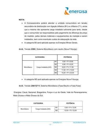 ___________________________________________________________________________________
NDU-001 VERSÃO 4.1 DEZEMBRO/2016
- 9 -
NOTA:
 A Concessionária poderá atender a unidade consumidora em tensão
secundária de distribuição com ligação bifásica (B1) ou trifásica (T1), ainda
que a mesma não apresente carga instalada suficiente para tanto, desde
que o consumidor se responsabilize pelo pagamento da diferença de preço
do medidor, pelos demais materiais e equipamentos de medição a serem
instalados, bem como eventuais custos de adequação da rede.
 A categoria B5 será aplicada apenas na Energisa Minas Gerais.
4.4.4. Tensão 230V, Sistema Monofásico com neutro (Nova Friburgo)
CATEGORIA POTÊNCIA
Monofásico Carga Instalada (kW)
M1 0,00 < P ≤ 6,90
M2 6,90 < P ≤ 9,20
M3 9,20 < P ≤ 11,50
M4 11,50 < P ≤ 15,00
M5 15,00 < P ≤ 23,00
 A categoria M5 será aplicada apenas na Energisa Nova Friburgo.
4.4.5. Tensão 254/127 V, Sistema Monofásico (Fase-Neutro e Fase-Fase)
Energisa: Caiuá, Nacional, Bragantina, Força e Luz do Oeste, Vale do Paranapanema,
Mato Grosso e Mato Grosso do Sul.
CATEGORIA POTÊNCIA
Monofásico Carga Instalada (kW)
M1 0,00 < P ≤ 12,00
M2 12,00 < P ≤ 15,00
 