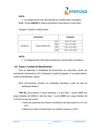 ___________________________________________________________________________________
NDU-001 VERSÃO 4.1 DEZEMBRO/2016
- 10 -
NOTA:
 As categorias M2 a M4 será atendido por transformador monofásico.
4.4.6. Tensão 440/220 V, Sistema Monofásico (Fase-Neutro e Fase-Fase)
Energisa: Tocantins e Mato Grosso.
CATEGORIA DEMANDA
Monofásico Carga Instalada (kW)
M1 0,00 < P ≤ 4,00
M2 4,01 < P ≤ 5,00
M3 5,01 < P ≤ 10,00
M4 10,01 < P ≤ 15,00
NOTA:
 As categorias M2 a M4 serão atendidas por transformador monofásico.
4.5. Tipos e Limites de Atendimento
Para se determinar a modalidade de fornecimento ao consumidor, deverá ser
considerada a demanda em kVA, declarada no pedido de ligação ou no projeto elétrico,
conforme classificação a seguir:
4.5.1. Consumidores situados em localidades atendidas a partir de rede de
distribuição trifásica:
TIPO M: Consumidores a serem atendidos a 2 fios (fase + neutro) 127V com
carga instalada até 8,80kW e dois fios (fase + neutro) 220V com carga instalada até
15,40 kW da qual não conste:
 Soma das potências dos motores monofásicos não seja superior a 2 CV (ou
HP).
 Máquina de solda à transformador com potência superior a 2 kVA.
 
