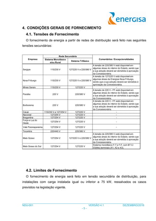 ___________________________________________________________________________________
NDU-001 VERSÃO 4.1 DEZEMBRO/2016
- 5 -
4. CONDIÇÕES GERAIS DE FORNECIMENTO
4.1. Tensões de Fornecimento
O fornecimento de energia a partir de redes de distribuição será feito nas seguintes
tensões secundárias:
4.2. Limites de Fornecimento
O fornecimento de energia será feito em tensão secundária de distribuição, para
instalações com carga instalada igual ou inferior a 75 kW, ressalvados os casos
previstos na legislação vigente.
Sistema Monofásico
e/ou Rural
Sistema Trifásico
Sergipe 115/230 V 127/220 V e 220/380 V
A tensão de 220/380 V está disponível em
algumas áreas do interior do Estado, sendo que
a sua adoção deverá ser sbmetida à aprovação
da Concessionária.
Nova Friburgo 115/230 V 127/220 V e 220/380 V
A tensão de 127/220 V está disponível em
algumas áreas da Energisa Nova Friburgo,
sendo que a sua adoção deverá ser sbmetida à
aprovação da Concessionária.
Minas Gerais 115/230 V 127/220 V -
Paraíba 220 V 220/380 V
A tensão de 220 V - FF está disponível em
algumas áreas do interior do Estado, sendo que
a sua adoção deverá ser sbmetida à aprovação
da Concessionária.
Borborema 220 V 220/380 V
A tensão de 220 V - FF está disponível em
algumas áreas do interior do Estado, sendo que
a sua adoção deverá ser sbmetida à aprovação
da Concessionária.
Caiuá 115/230 V e 127/254 V 127/220 V -
Nacional 127/254 V 127/220 V -
Bragantina 127/254 V 127/220 V -
Força e Luz do
Oeste
127/254 V 127/220 V -
Vale Paranapanema 127/254 V 127/220 V -
Tocantins 220/440 V 220/380 V
Mato Gosso 127/254 V 127/220 V e 220/380 V
A tensão de 220/380 V está disponível em
algumas áreas do interior do Estado, sendo que
a sua adoção deverá ser sbmetida à aprovação
da Concessionária.
Mato Gosso do Sul 127/254 V 127/220 V
Sistema monofásico F-T e F-F, com BT C/
03(três) terminais (X1, X2 e X3).
Comentários / Excepcionalidades
Rede Secundária
Empresa
 