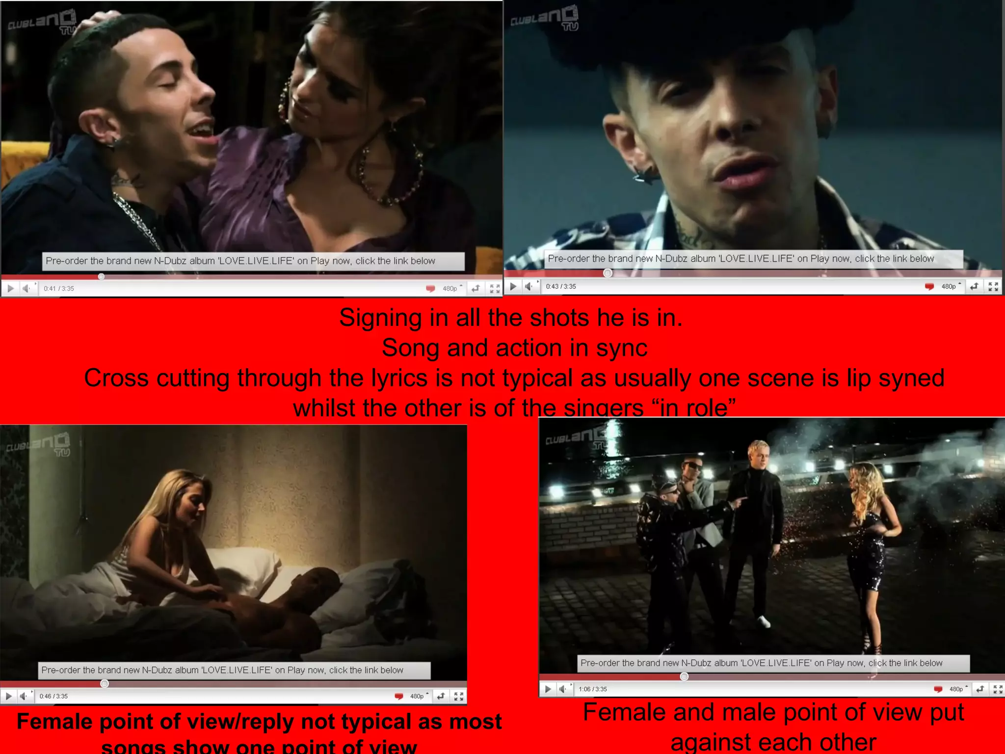 Signing in all the shots he is in.  Song and action in sync Cross cutting through the lyrics is not typical as usually one scene is lip syned whilst the other is of the singers “in role” Female point of view/reply not typical as most songs show one point of view Female and male point of view put against each other 