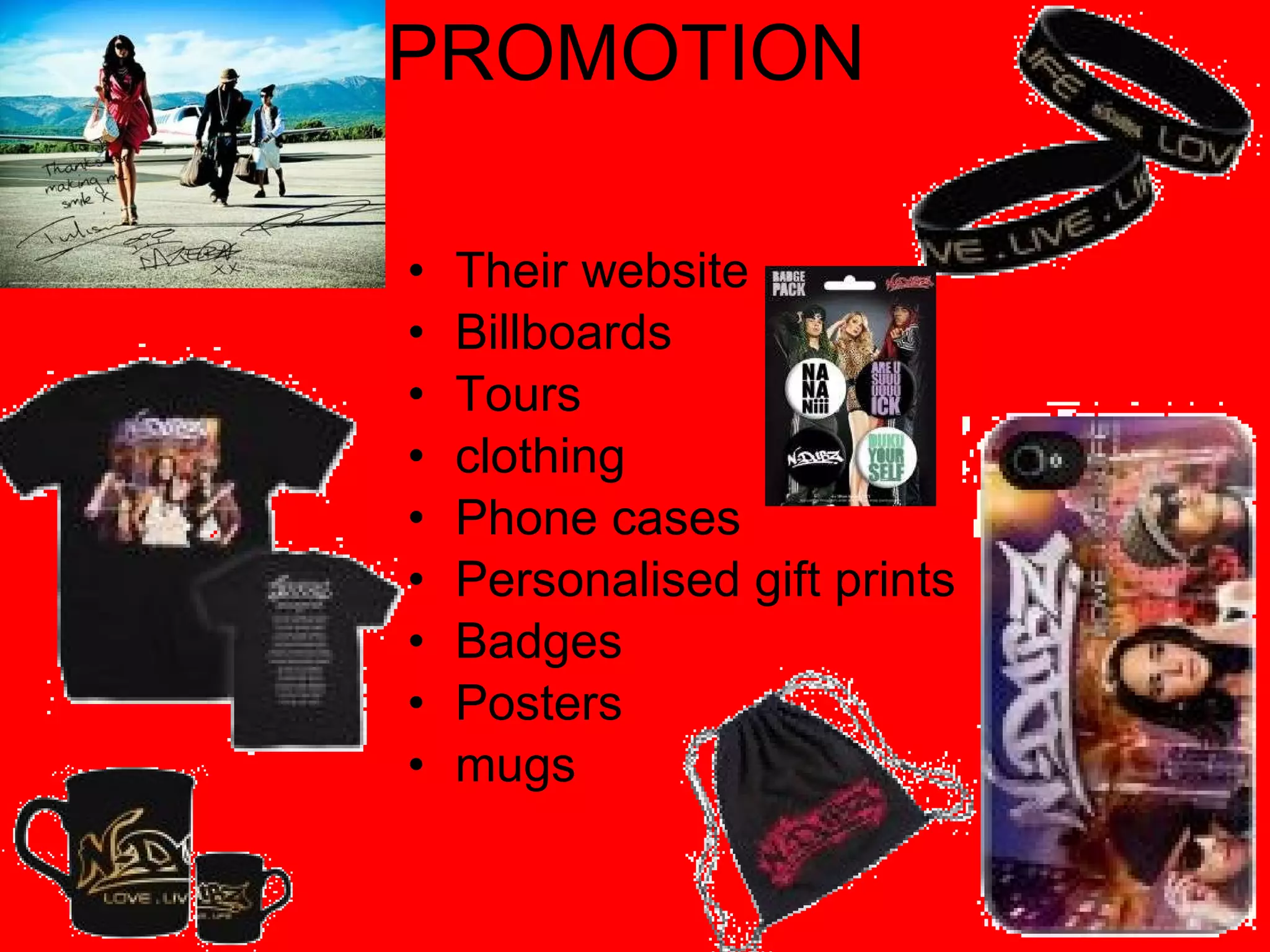 PROMOTION Their website Billboards Tours clothing Phone cases Personalised gift prints Badges Posters mugs 