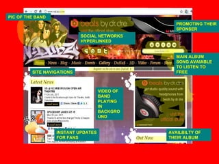 WEBSITE PIC OF THE BAND PROMOTING THEIR SPONSER VIDEO OF BAND PLAYING IN BACKGROUND MAIN ALBUM SONG AVAIABLE TO LISTEN TO FREE SOCIAL NETWORKS HYPERLINKED SITE NAVIGATIONS INSTANT UPDATES FOR FANS AVAILBILTY OF THEIR ALBUM 