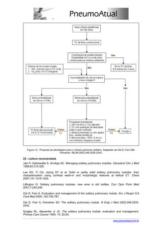 Figura 12 . Proposta de abordagem para o nódulo pulmonar solitário. Adaptado de Ost D, Fein AM,
                                Feinsilver. NEJM 2003;348:2535-2542.

22 - Leitura recomendada
Jain P, Kathawalla S, Arroliga AC. Managing solitary pulmonary nodules. Cleveland Clin J Med
1998;65:315-326.

Lee KS, Yi CA, Jeong SY et al. Solid or partly solid solitary pulmonary nodules: their
characterization using contrast wash-in and morphologic features at helical CT. Chest
2007;131:1516-1525.

Lillington G. Solitary pulmonary nodules: new wine in old bottles. Curr Opin Pulm Med
2001;7:242-246.

Ost D, Fein A. Evaluation and management of the solitary pulmonary nodule. Am J Respir Crit
Care Med 2000; 162:782-787.

Ost D, Fein A, Feinsilver SH. The solitary pulmonary nodule. N Engl J Med 2003;348:2535-
2542.

Quigley RL, Alexander Jr JC. The solitary pulmonary nodule: evaluation and management.
Primary Care Cancer 1995; 15: 25-29.

                                                                              www.pneumoatual.com.br
 