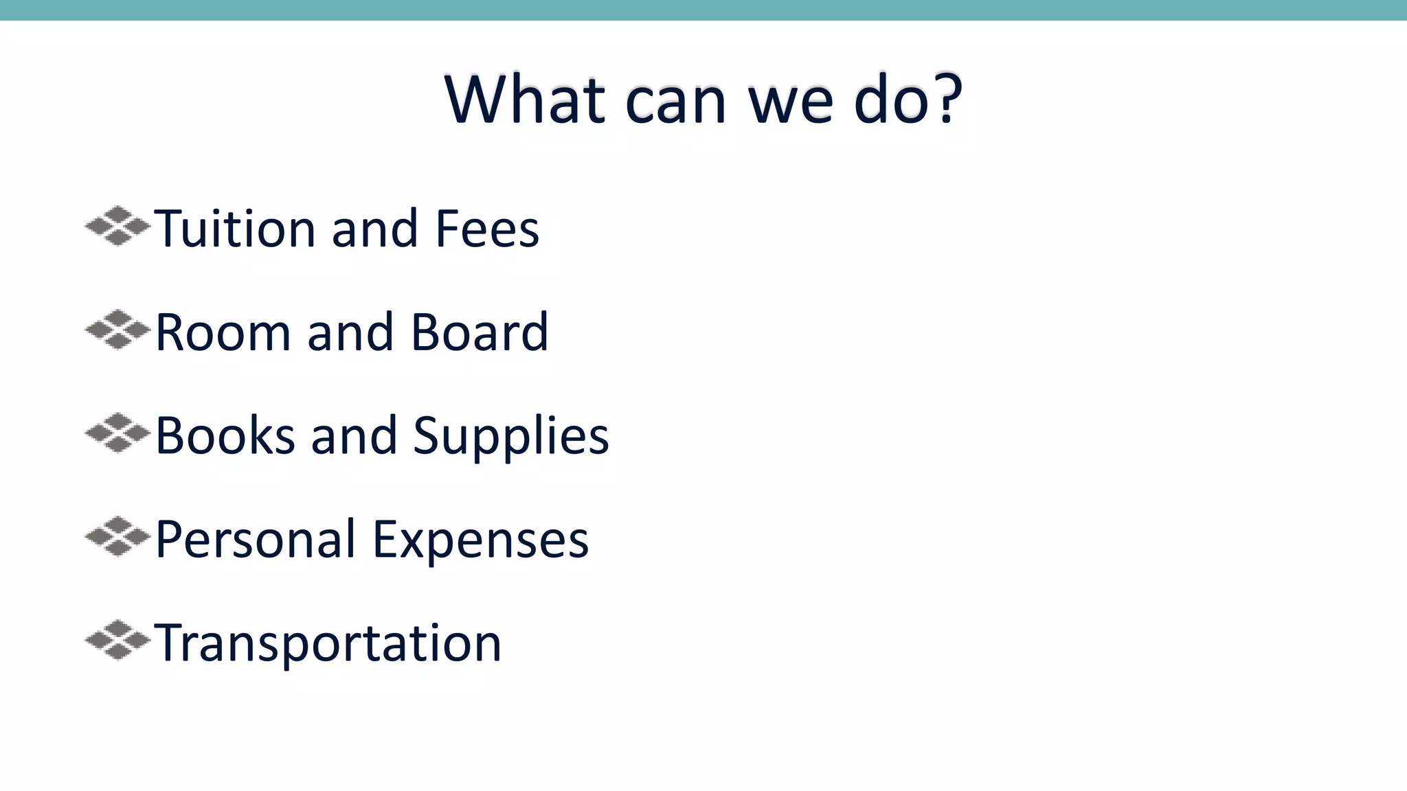 What can we do?
Tuition and Fees
Room and Board
Books and Supplies
Personal Expenses
Transportation
 