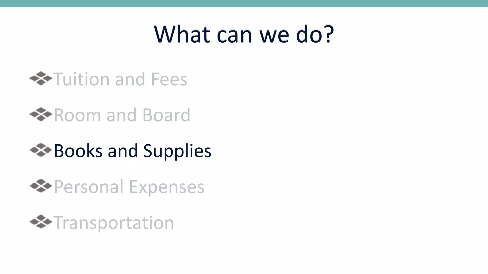 What can we do?
Tuition and Fees
Room and Board
Books and Supplies
Personal Expenses
Transportation
 