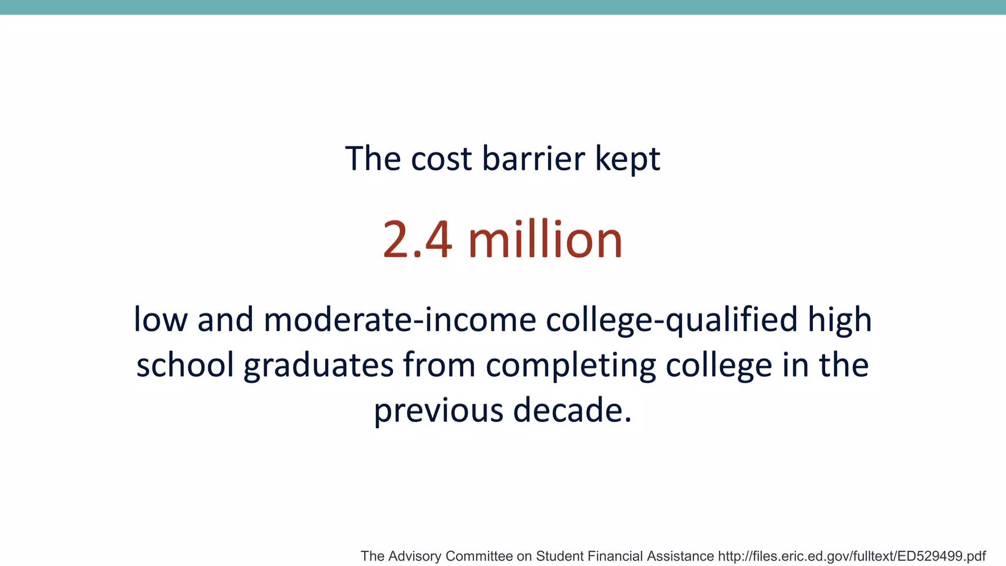 The cost barrier kept
2.4 million
low and moderate-income college-qualified high
school graduates from completing college in the
previous decade.
The Advisory Committee on Student Financial Assistance http://files.eric.ed.gov/fulltext/ED529499.pdf
 