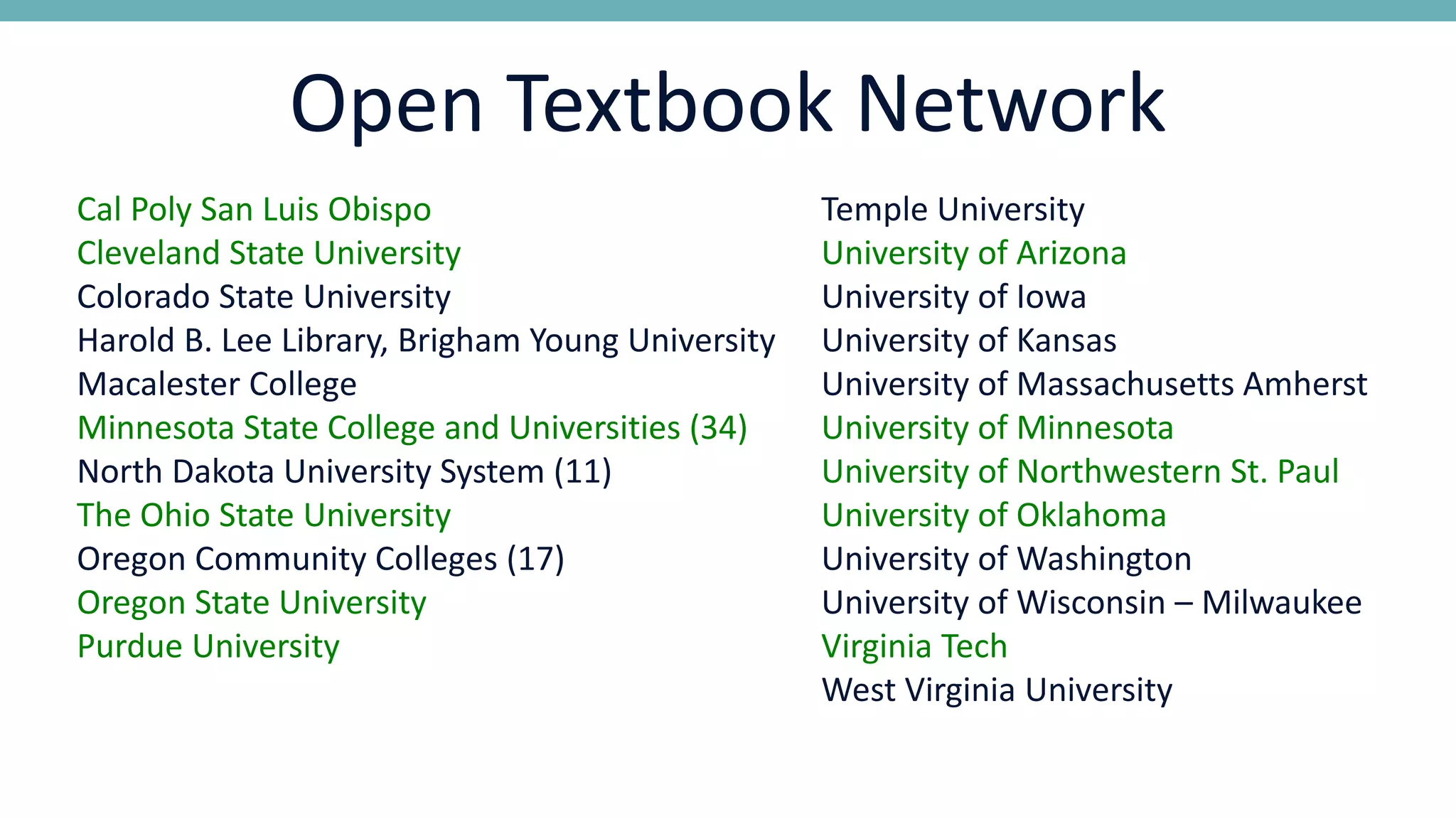 Cal Poly San Luis Obispo
Cleveland State University
Colorado State University
Harold B. Lee Library, Brigham Young University
Macalester College
Minnesota State College and Universities (34)
North Dakota University System (11)
The Ohio State University
Oregon Community Colleges (17)
Oregon State University
Purdue University
Temple University
University of Arizona
University of Iowa
University of Kansas
University of Massachusetts Amherst
University of Minnesota
University of Northwestern St. Paul
University of Oklahoma
University of Washington
University of Wisconsin – Milwaukee
Virginia Tech
West Virginia University
Open Textbook Network
 
