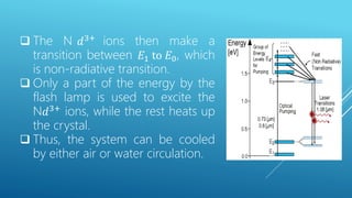  The N 𝑑3+
ions then make a
transition between 𝐸1 to 𝐸0, which
is non-radiative transition.
 Only a part of the energy by the
flash lamp is used to excite the
N𝑑3+
ions, while the rest heats up
the crystal.
 Thus, the system can be cooled
by either air or water circulation.
 