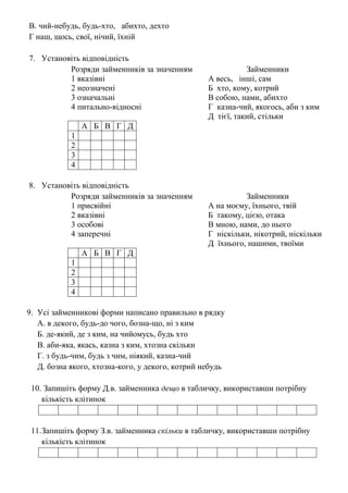 В. чий-небудь, будь-хто, абихто, дехто
Г наш, щось, свої, нічий, їхній
7. Установіть відповідність
Розряди займенників за значенням Займенники
1 вказівні А весь, інші, сам
2 неозначені Б хто, кому, котрий
3 означальні В собою, нами, абихто
4 питально-відносні Г казна-чий, якогось, аби з ким
Д тієї, такий, стільки
А Б В Г Д
1
2
3
4
8. Установіть відповідність
Розряди займенників за значенням Займенники
1 присвійні А на моєму, їхнього, твій
2 вказівні Б такому, цією, отака
3 особові В мною, нами, до нього
4 заперечні Г ніскільки, нікотрий, ніскільки
Д їхнього, нашими, твоїми
А Б В Г Д
1
2
3
4
9. Усі займенникові форми написано правильно в рядку
А. в декого, будь-до чого, бозна-що, ні з ким
Б. де-який, де з ким, на чийомусь, будь хто
В. аби-яка, якась, казна з ким, хтозна скільки
Г. з будь-чим, будь з чим, ніякий, казна-чий
Д. бозна якого, хтозна-кого, у декого, котрий небудь
10. Запишіть форму Д.в. займенника дещо в табличку, використавши потрібну
кількість клітинок
11.Запишіть форму З.в. займенника скільки в табличку, використавши потрібну
кількість клітинок
 