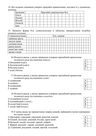 14. Від поданих іменників утворіть присвійні прикметники, поставте їх у називному
відмінку
Іменники Присвійні прикментики Н.в.
Ольга
Оксана
Віталій
Олексій
Іван
15. Запишіть форму О.в. словосполучень в табличку, використавши потрібну
кількість клітинок
Словосполучення О.в. однини
найвища круча
пахуча трава
духмяна каша
рання вишня
жнив’яна тиша
краща площа
16.Позначте рядок, у якому правильно утворено присвійний прикметник
чоловічого роду від іменника батько:
А батьковий (одяг);
Б батьківський (одяг);
В батьків (одяг);
Г (одяг) батька.
17.Позначте рядок, у якому правильно утворено присвійний прикметник
чоловічого роду від іменника хазяїн:
А хазяїновий
Б хазяїнів ;
В хазяїновий;
Г хазяїнів.
18.Позначте рядок, у якому правильно утворено присвійний прикметник
чоловічого роду від іменника соловейко:
А соловейків (голос);
Б соловейковий ( голос) ;
В солов’їний (голос);
Г солов΄євий (голос).
19.У якому рядку всі прикметники творять вищий, найвищий ступені порівняння
від інших основ?
А Прозорий, страшний, скромний, рішучий, вдалий.
Б Свіжий, молодий, дешевий, блідий, дерев΄яний .
В Великий, малий, поганий, гарний, добрий.
Г Щирий, високий , гіркий, сміливий, радісний.
Д. Страшний, розумний, хитрий, критий, холодний.
А
Б
В
Г
А
Б
В
Г
А
Б
В
Г
А
Б
В
Г
 