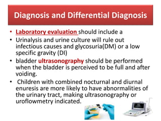 Diagnosis and Differential Diagnosis
• Laboratory evaluation should include a
• Urinalysis and urine culture will rule out
infectious causes and glycosuria(DM) or a low
specific gravity (DI)
• bladder ultrasonography should be performed
when the bladder is perceived to be full and after
voiding.
• Children with combined nocturnal and diurnal
enuresis are more likely to have abnormalities of
the urinary tract, making ultrasonography or
uroflowmetry indicated.
 
