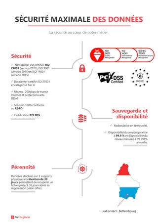SÉCURITÉ MAXIMALE DES DONNÉES
 Redondance en temps réel,
 Disponibilité du service garantie
à 99.9 % et disponibilité du
réseau mesurée à 99.995%
annuelle,
Sécurité
La sécurité au cœur de notre métier
 NetExplorer est certifiée ISO
27001 (version 2013), ISO 9001
(version 2015) et ISO 14001
(version 2015).
 Datacenter certifié ISO 27001
et catégorisé Tier 4
 Réseau : 200gbps de transit
Internet et protections anti-
DDoS
 Solution 100% conforme
au RGPD.
 Certification PCI DSS
Pérennité
Données stockées sur 3 supports
physiques et rétention de 30
jours, permettant de récupérer un
fichier jusqu’à 30 jours après sa
suppression (selon offre).
Sauvegarde et
disponibilité
LuxConnect : Bettembourg
 