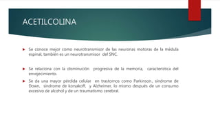 ACETILCOLINA
 Se conoce mejor como neurotransmisor de las neuronas motoras de la médula
espinal, también es un neurotransmisor del SNC.
 Se relaciona con la disminución progresiva de la memoria, característica del
envejecimiento.
 Se da una mayor pérdida celular en trastornos como Parkinson., síndrome de
Down, síndrome de korsakoff, y Alzheimer, lo mismo después de un consumo
excesivo de alcohol y de un traumatismo cerebral.
 