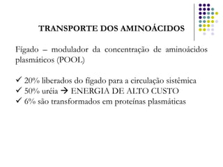 TRANSPORTE DOS AMINOÁCIDOS

Fígado – modulador da concentração de aminoácidos
plasmáticos (POOL)

 20% liberados do fígado para a circulação sistêmica
 50% uréia  ENERGIA DE ALTO CUSTO
 6% são transformados em proteínas plasmáticas
 