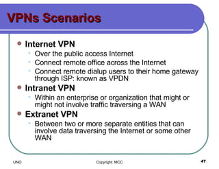 VPNs Scenarios Internet VPN Over the public access Internet Connect remote office across the Internet Connect remote dialup users to their home gateway through ISP: known as VPDN Intranet VPN Within an enterprise or organization that might or might not involve traffic traversing a WAN Extranet VPN Between two or more separate entities that can involve data traversing the Internet or some other WAN  