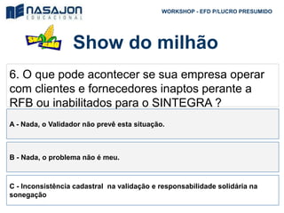 Show do milhão
WORKSHOP - EFD P/LUCRO PRESUMIDO
6. O que pode acontecer se sua empresa operar
com clientes e fornecedores inaptos perante a
RFB ou inabilitados para o SINTEGRA ?
A - Nada, o Validador não prevê esta situação.
B - Nada, o problema não é meu.
C - Inconsistência cadastral na validação e responsabilidade solidária na
sonegação
 