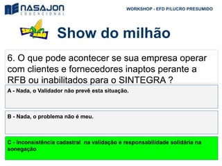Show do milhão
WORKSHOP - EFD P/LUCRO PRESUMIDO
6. O que pode acontecer se sua empresa operar
com clientes e fornecedores inaptos perante a
RFB ou inabilitados para o SINTEGRA ?
A - Nada, o Validador não prevê esta situação.
B - Nada, o problema não é meu.
C - Inconsistência cadastral na validação e responsabilidade solidária na
sonegação
 
