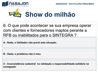 Show do milhão
WORKSHOP - EFD P/LUCRO PRESUMIDO
6. O que pode acontecer se sua empresa operar
com clientes e fornecedores inaptos perante a
RFB ou inabilitados para o SINTEGRA ?
A - Nada, o Validador não prevê esta situação.
B - Nada, o problema não é meu.
C - Inconsistência cadastral na validação e responsabilidade solidária na
sonegação
 