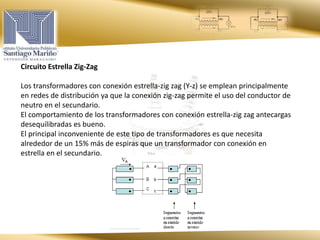 Circuito Estrella Zig-Zag
Los transformadores con conexión estrella-zig zag (Y-z) se emplean principalmente
en redes de distribución ya que la conexión zig-zag permite el uso del conductor de
neutro en el secundario.
El comportamiento de los transformadores con conexión estrella-zig zag antecargas
desequilibradas es bueno.
El principal inconveniente de este tipo de transformadores es que necesita
alrededor de un 15% más de espiras que un transformador con conexión en
estrella en el secundario.
 
