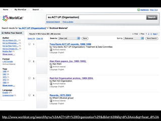http://www.worldcat.org/search?q=su%3AACT+UP+%28Organization%29&dblist=638&fq=dt%3Amix&qt=facet_dt%3A
 