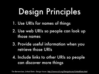 Design Principles
1. Use URIs for names of things
2. Use web URIs so people can look up
   those names
3. Provide useful information when you
   retrieve those URIs
4. Include links to other URIs so people
   can discover more things

Tim Berners-Lee, Linked Data - Design Issues. http://www.w3.org/DesignIssues/LinkedData.html
 