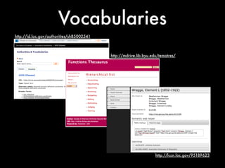 Vocabularies
http://id.loc.gov/authorities/sh85002541



                                           http://mdrive.lib.byu.edu/tematres/




                                                                   http://lccn.loc.gov/95189623
 
