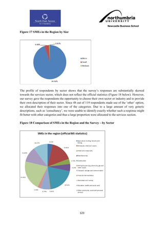 Figure 17 SMEs in the Region by Size




The profile of respondents by sector shows that the survey‟s responses are substantially skewed
towards the services sector, which does not reflect the official statistics (Figure 18 below). However,
our survey gave the respondents the opportunity to choose their own sector or industry and to provide
their own description of their sector. Since 48 out of 119 respondents made use of the „other‟ option,
we allocated their responses into one of the categories. Due to a large amount of very generic
descriptions, such as „consultancy‟, we were unable to identify exactly whether such a response might
fit better with other categories and thus a large proportion were allocated to the services section.

Figure 18 Comparison of SMEs in the Region and the Survey – by Sector




                                                 123
 