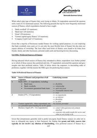 When asked what type of finance they were trying to obtain, 54 respondents answered the question
with a total of 212 mentioned sources. The following presents the top five most frequently mentioned
sources of finance, which respondents claimed to have sought:
1.   „Bank overdraft‟ (31 mentions).
2.   „Bank loan‟ (24 mentions).
3.   „Grant‟ (20 mentions).
4.   „Venture capital/equity finance‟ (18 mentions).
5.   „Company Credit Card‟ (15 mentions).

Given that a majority of businesses needed finance for working capital purposes, it is not surprising
that bank overdrafts were used, as it is not only the most flexible form of finance but also does not
require dilution of ownership. The least often used forms of finance were found to be loans from
friends, family and other businesses, personal credit cards and factoring/invoice discounting.

5.4 SMEs‟ Preferred Sources of Finance


Having indicated which sources of finance they attempted to obtain, respondents were further probed
as to which of those sources they preferred and why. 47 respondents answered this question and gave
insights into their preferred sources. Table 14 below shows the responses, in descending order of
preference, together with the reasons the SMEs gave for preferring these sources.

Table 14 Preferred Sources of Finance

Rank      Source of finance and proportion of all       Underlying reasons
          responses
1         Banks (44% - 21 respondents), including:
               Bank loans                               flexibility
               Bank overdrafts                          relationship
               Government guaranteed bank loans         quick decision
                                                         reasonable interest rate
                                                         trust
2         Grants (27% - 13 respondents)                  no repayments
                                                         no interest
                                                         flexibility
                                                         no debt
3         Venture capital (6% - three respondents; one  No reasons provided
          as a potential match funding for an EU grant)
4         Business Angels (4% - two respondents)         comes with experience & contacts
                                                          attached
                                                         someone who understands the sector and
                                                          what we are trying to do

Given that entrepreneurs generally tend to prefer non-equity based finance sources (in order not to
have to relinquish any equity in their business), the finding that grants and debt, sources that
typically do not involve any dilution of shareholding, were preferred sources of finance by a
                                                127
 