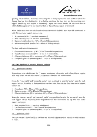 „pitching for investment.‟ However, considering that so many respondents were unable to obtain the
finance they had been looking for, it is slightly surprising that they have not been seeking more
support specifically with regard to fundraising. Again, the actual reasons for this could not be
established through a survey and may refer back to the confusing support environment.

When asked about their use of different sources of business support, there were 68 respondents in
total. The most used support sources were:
1)   Accountants (80% - 55 out of 66 respondents).
2)   Bank services (75% - 48 out of 64 respondents).
3)   Business Link local service (76% - 47 out of 62 respondents).
4)   Businesslink.gov.uk website (71% - 46 out of 65 respondents).

The least used support sources were:
1)   Government department e.g. BIS (38% - 23 out of 60 respondents).
2)   Trade/business association (45% - 25 out of 56 respondents).
3)   Other specialists e.g. HR or marketing (45% - 27 out of 60 respondents).
4)   Enterprise agency or partnership (47% - 28 out of 60 respondents).


5.9 SMEs‟ Opinions on Business Support Services

5.9.1 Opinion on Usefulness

Respondents were asked to rate the 17 support services on a five-point scale of usefulness, ranging
from „very useful‟ to „not at all useful.‟ An option of „not used‟ was also available.


Scores for „very useful‟ and „somewhat useful‟ were combined to give the „useful‟ score for each
support service. According to the respondents who have used them, the top three most useful support
sources are:
1) Consultants (73% - 22 out of 30 respondents).
2) Business mentors (68% - 23 out of 34 respondents).
3) Other specialists e.g. HR or marketing (68% - 17 out of 25 respondents).

Scores for „not very useful‟ and „not at all useful‟ were combined to give the „not useful‟ score for
each support service. According to the respondents who have used them, the top three least useful
support sources are:
1) Bank services (54% - 25 out of 46 respondents).
2) Local authority/council (53% - 15 out of 28 respondents).
3) Enterprise agency or partnership (46% - 12 out of 26 respondents).

5.9.2 Opinion on Access

39% (34 out of 87 respondents) do not think that business support services are easy to find out about
or access.


                                                 136
 