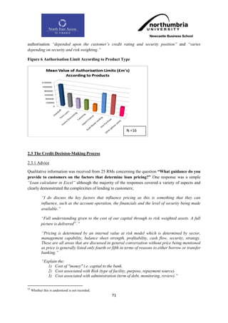 authorisation “depended upon the customer‟s credit rating and security position” and “varies
depending on security and risk weighting.”

Figure 6 Authorisation Limit According to Product Type




                                                                N =16




2.3 The Credit Decision-Making Process

2.3.1 Advice

Qualitative information was received from 25 RMs concerning the question “What guidance do you
provide to customers on the factors that determine loan pricing?” One response was a simple
“Loan calculator in Excel” although the majority of the responses covered a variety of aspects and
clearly demonstrated the complexities of lending to customers;

            “I do discuss the key factors that influence pricing as this is something that they can
            influence, such as the account operation, the financials and the level of security being made
            available.”

            “Full understanding given to the cost of our capital through to risk weighted assets. A full
            picture is delivered11.”

            “Pricing is determined by an internal value at risk model which is determined by sector,
            management capability, balance sheet strength, profitability, cash flow, security, strategy.
            These are all areas that are discussed in general conversation without price being mentioned
            as price is generally listed only fourth or fifth in terms of reasons to either borrow or transfer
            banking.”

            “Explain the:
               1) Cost of "money" i.e. capital to the bank.
               2) Cost associated with Risk (type of facility, purpose, repayment source).
               3) Cost associated with administration (term of debt, monitoring, review).”

11
     Whether this is understood is not recorded.
                                                       71
 