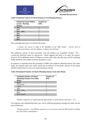 Table 9 Estimated Volume of Clients Relying on Non-Banking Finance

        Estimated Clients Reliant       Number of
        on non - Banking                RMs
        Finance
        <5%                             5
        10%                             5
        10% - 20%                       3
        20%                             3
        25%                             1
        30%                             1
        60%                             1

One respondent did not give an estimate but stated:

        “I suspect the answer is high at the S[maller] of the SME market - naivety, lack of
        professional advice, lack of confidence in Banks all contribute.”

The additional sources of these provisions were not probed; one respondent claimed “25% -
introducing additional equity as appropriate” which suggests that there is no cause for concern.
However, if the additional sources of finance are from credit cards, then this may well be incubating
further problems were another economic downturn to occur.

In response to enquiring about the percentage of SMEs who might be obtaining finance from other
banks, the response again was varied, which may be reflective of the banks‟ position in the market
and their market share as well as the current economic climate.

Table 10 Estimated Number of Clients Obtaining Finance from other Banks

        Estimated Number of Clients                   Number of
        Obtaining Finance from Other                  RMs
        Banks
        None                                          1
        5% or less                                    5
        <10%                                          2
        10%                                           4
        20% - 30%                                     4
        60%                                           1
        Don‟t Know                                    0


        “Market conditions are tough reducing opportunities to obtain finance elsewhere – 5%.”

The responses also indicated that there may well be differing perceptions amongst the banks for this
type of behaviour;

        “Strange question - if an RM has suspicions or an awareness then the RM should be tackling
        the client about it immediately.”



                                                 85
 