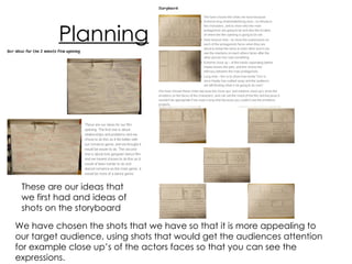 Planning These are our ideas that we first had and ideas of shots on the storyboard  We have chosen the shots that we have so that it is more appealing to our target audience, using shots that would get the audiences attention for example close up’s of the actors faces so that you can see the expressions.   