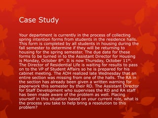 Case Study

Your department is currently in the process of collecting
spring intention forms from students in the residence halls.
This form is completed by all students in housing during the
fall semester to determine if they will be returning to
housing for the spring semester. The due date for these
forms to be turned in to the Assistant Director for Housing
is Monday, October 8th. It is now Thursday, October 11th.
The Director of Residential Life is waiting for results to pass
on to the VP of Student Affairs so he is prepared for his
cabinet meeting. The ADH realized late Wednesday that an
entire section was missing from one of the halls. The RA in
the section has already been given a written warning for
paperwork this semester by their RD. The Assistant Director
for Staff Development who supervises the RD and RA staff
has been made aware of the problem as well. Placing
yourself in this situation based on your current role, what is
the process you take to help bring a resolution to this
problem?
 