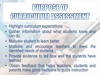 • Highlight curriculum expectations
• Gather information about what students know and
can do
• Motivate student to learn better
• Motivate and encourage teachers to meet the
identified needs of students
• Provide evidence to tell how well the students have
learned.
• Obtain feedback that helps teachers, students and
parents make good decisions to guide instruction
 
