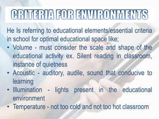 He Is referring to educational elements/essential criteria
in school for optimal educational space like;
• Volume - must consider the scale and shape of the
educational activity ex. Silent reading in classroom,
instance of quietness
• Acoustic - auditory, audile, sound that conducive to
learning
• Illumination - lights present in the educational
environment
• Temperature - not too cold and not too hot classroom
 