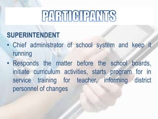 SUPERINTENDENT
• Chief administrator of school system and keep it
running
• Responds the matter before the school boards,
initiate curriculum activities, starts program for in
service training for teacher, informing district
personnel of changes
 