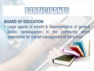 BOARD OF EDUCATION
• Legal agents of school & Representative of general
public: spokesperson in the community which
responsible for overall management of the school
 