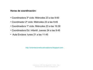 Orientación CEIP San Miguel 2011-2012 - http://orientacioneducativaabona.blogspot.com Horas de coordinación: Coordinadora 3º ciclo: Miércoles 23 a las 9:00 Coordinador 2º ciclo: Miércoles 23 a las 9:45 Coordinadora 1º ciclo: Miércoles 23 a las 10:30 Coordinadora Ed. Infantil: Jueves 24 a las 9:45 Aula Enclave: lunes 21 a las 11:45 http://orientacioneducativaabona.blogspot.com 