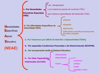 NNecesidades
EEspecíficas
AApoyo
EEducativo
(NEAE)
11.-.- PorPor NecesidadesNecesidades
Educativas EspecialesEducativas Especiales
(NEE)(NEE)
por discapacidad.
por trastornos graves de conducta (TGC).
por trastorno generalizado del desarrollo (TGD).
2.- Por Dificultades Específicas de2.- Por Dificultades Específicas de
Aprendizaje (DEA)Aprendizaje (DEA)
Dislexia
Disgrafía
Discalculia
Dificultades específicas del desarrollo
del habla y lenguaje
3.- Por Trastornos por Déficit de Atención o Hiperactividad (TDAH).3.- Por Trastornos por Déficit de Atención o Hiperactividad (TDAH).
4.- Por especiales Condiciones Personales o de Historia Escolar (ECOPHE)4.- Por especiales Condiciones Personales o de Historia Escolar (ECOPHE)
5.- Por incorporación tardía al Sistema Educativo.5.- Por incorporación tardía al Sistema Educativo.
6.- Por Altas Capacidades6.- Por Altas Capacidades
Intelectuales (ALCAIN)Intelectuales (ALCAIN)
Sobredotado
Superdotado
académico
Talento artístico
simple
complejo o mixto
 